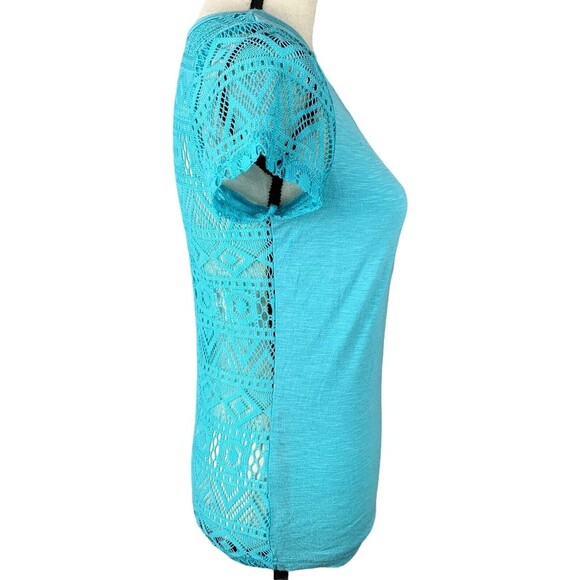 Ariat Gauze Knit Top Women S Turquoise 1/2 Button Lace Short Sleeves & Back - Picture 3 of 9